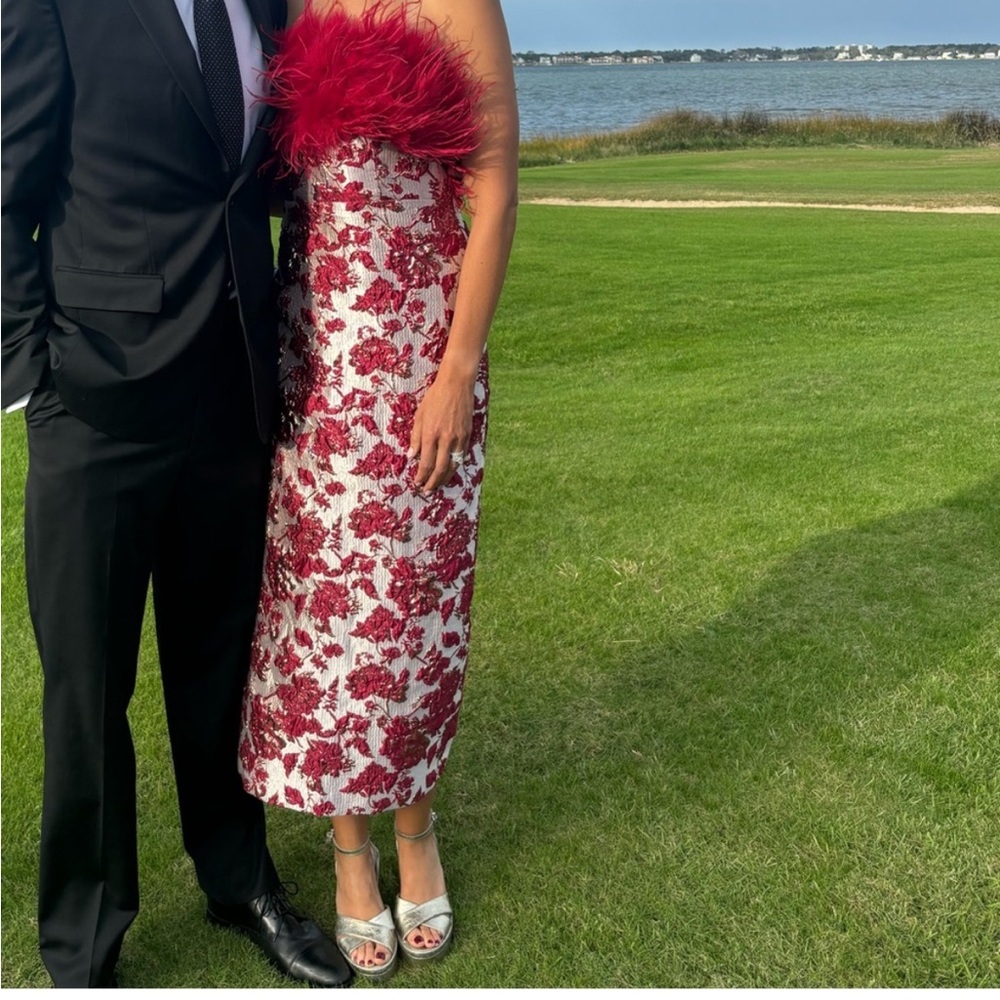 HYACINTH HOUSE

Red Jacquard Feathered Reina Midi Dress